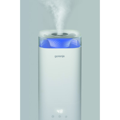 Зволожувач повітря Gorenje H50W 5 л, 20 м2, ультразвуковий, верхня затока, LED дисплей, автовідключення, аромакапсула, холодна пара, білий