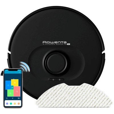 Робот-пилосос Rowenta X-Plorer Serie 75 S, h=9.5см, вологе прибирання, конт пил -0.4л, вода -0.3л, автон. робота до 120хв, НЕРА, управління через смартфон, чорний