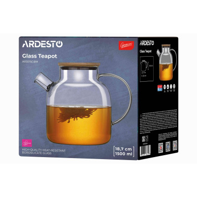 ARDESTO Заварник Gemini 1500мл, боросилікатне скло, бамбук, прозорий ARDESTO Заварник Gemini 1500мл, боросилікатне скло, бамбук, прозорий