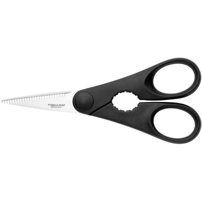 Ножиці кухонні Fiskars Essential, з відкривачкою для пляшок, 20см, нержавіюча сталь, пластик, чорний