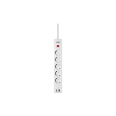 Удлинитель-фильтр сетевой 2E 5xТип F, 3x1.5мм кв, 16A, 3xUSB-A, с защитой от перенапряжения, 2м, белый 2E-SP515M2USBWH