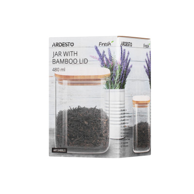 ARDESTO Банка для зберігання Fresh, квадратна, 480 мл, скло, бамбук