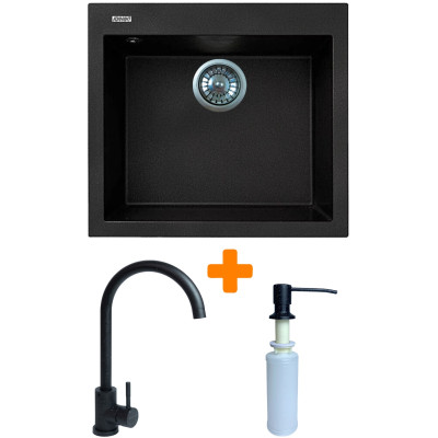 Набір кухонний Adamant Univer, штучний камінь, квадрат, без крила, 560х500х200мм, чаша - 1, врізна, чорний + змішувач та дозатор Набір кухонний Adamant Univer, штучний камінь, квадрат, без крила, 560х500х200мм, чаша - 1, врізна, чорний + змішувач та дозатор