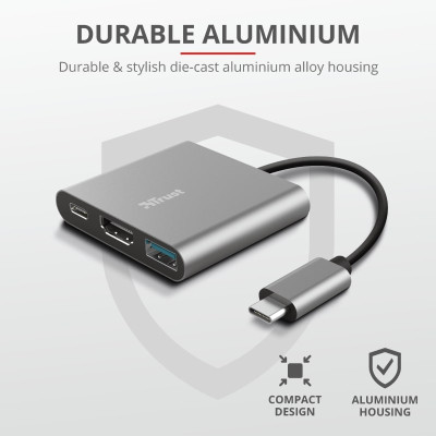 Хаб Trust Dalyx 3-in-1 USB-С > USB-А 3.2/USB-С/HDMI, Алюміній, 0.1м, чорний