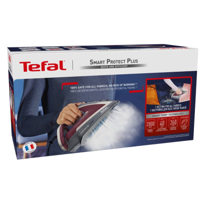 Праска Tefal Smart Protect Plus, 2800Вт, 270мл, паровий удар -260гр, постійна пара - 40гр, керам. підошва, сіро-бордовий Праска Tefal Smart Protect Plus, 2800Вт, 270мл, паровий удар -260гр, постійна пара - 40гр, керам. підошва, сіро-бордовий