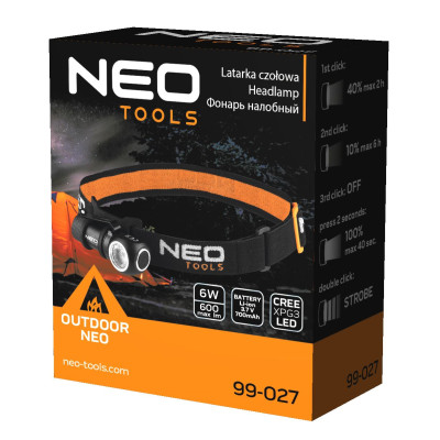 Neo Tools Ліхтар налобний акумуляторний, 700мА•год, 600лм, 6Вт, 4 функції освітлення, IPX4 Neo Tools Ліхтар налобний акумуляторний, 700мА•год, 600лм, 6Вт, 4 функції освітлення, IPX4