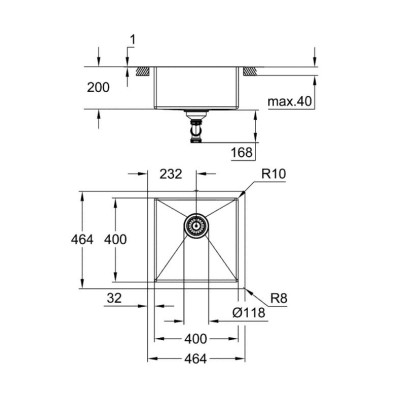 Мийка кухонна Grohe K700, нерж.сталь, квадрат., без крила, 464x464x200мм, чаша - 1, уніврсальна, матова нержавіюча сталь