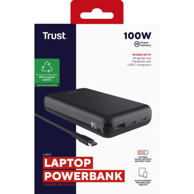 Аккумулятор портативный литий-ионный power bank Trust Laro, 20000 мА-ч, USB-A/2хUSB-C, 100w, черный