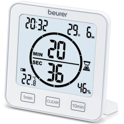 Beurer Термогігрометр, внутр. вимірювання, темп-ра, вологість, час, AAAx2, в комплекті, білий