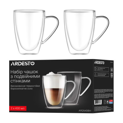 ARDESTO Набір чашок з ручками і подвійними стінками, 430мл, 2шт, боросилікатне скло, прозорий ARDESTO Набір чашок з ручками і подвійними стінками, 430мл, 2шт, боросилікатне скло, прозорий