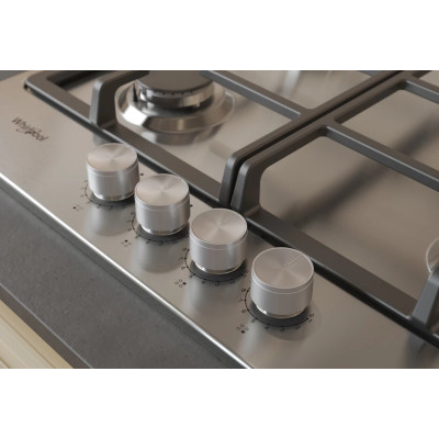 Варильна поверхня Whirlpool газова, 60см, чавун, конфорка з подвійним рядом полум'я, нерж Варильна поверхня Whirlpool газова, 60см, чавун, конфорка з подвійним рядом полум'я, нерж