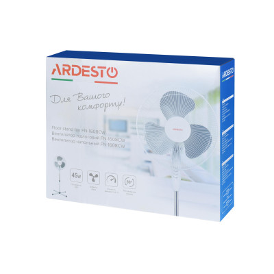Вентилятор ARDESTO підлоговий, 40см, 45Вт, опора хрестовина, білий Вентилятор ARDESTO підлоговий, 40см, 45Вт, опора хрестовина, білий