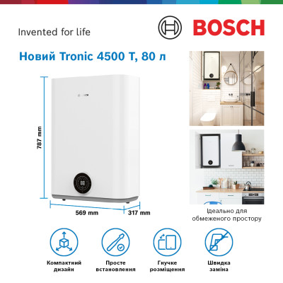 Bosch Водонагрівач електр. плаский слім Tronic 4500, 80л, 1.5кВт, ун. монтаж, електр. кер-ння, B, білий