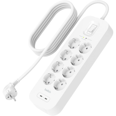 Подовжувач-фільтр мережевий Belkin 8хТип F, 3x1.5мм кв, 16А, USB-C/USB-C 30Вт, з захистом від перенапруги, 2м, білий Подовжувач-фільтр мережевий Belkin 8хТип F, 3x1.5мм кв, 16А, USB-C/USB-C 30Вт, з захистом від перенапруги, 2м, білий