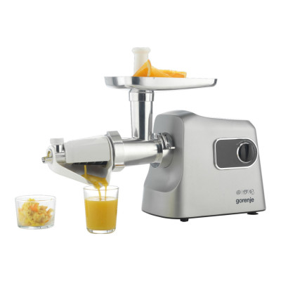 Мясорубка Gorenje, 2500Вт, 2.8кг/мин, 3 решетки, насадка для колбас, кеббе, шнековый соковыжилка, 3 терки, пластик/металл, нержавейка