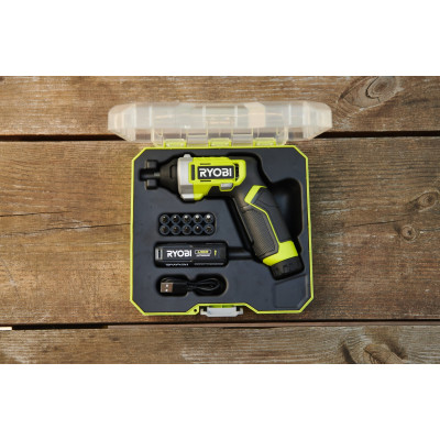 Отвертка аккумуляторная Ryobi RSD4-120T 4В USB Lithium акб 1х2А-ч 5Нм 200об-в кейс для хранения 10 насадок 0.37кг