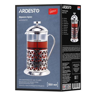 Френч-прес ARDESTO Gemini Fasano, 350мл, боросилікатне скло, нержавіюча сталь, прозорий Френч-прес ARDESTO Gemini Fasano, 350мл, боросилікатне скло, нержавіюча сталь, прозорий