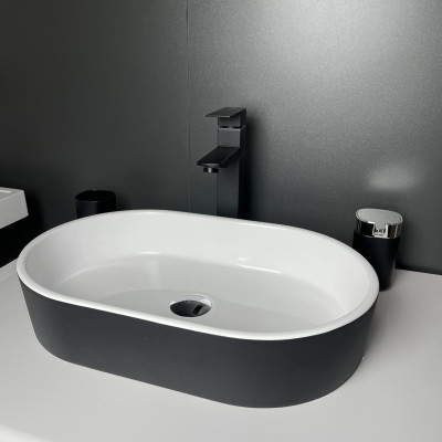 Раковина, умивальник Adamant BESTE NEW, штучний камінь, овальна, без отвору для змішувача та переливу, 540x350x110мм, накладний, чорно-білий