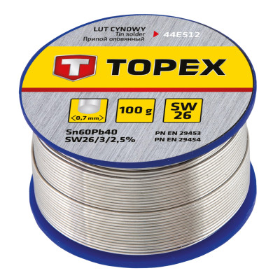 Topex Припій олов'яний, Sn60Pb40, флюс SW26, дріт 0.7мм, 100г Topex Припій олов'яний, Sn60Pb40, флюс SW26, дріт 0.7мм, 100г