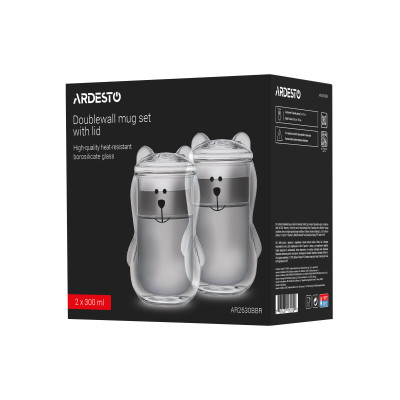 Набір чашок з кришкою з подвійними стінками Ardesto Animals, 300мл, 2шт, боросилікатне скло, прозорий Набір чашок з кришкою з подвійними стінками Ardesto Animals, 300мл, 2шт, боросилікатне скло, прозорий