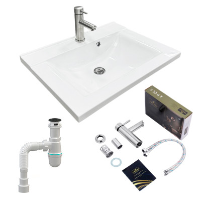 Набір для ванної кімнати, раковина, умивальник Adamant QUANTO 60, штучний камінь, прямокут., з сифоном Click-Clack + змішувач Набір для ванної кімнати, раковина, умивальник Adamant QUANTO 60, штучний камінь, прямокут., з сифоном Click-Clack + змішувач