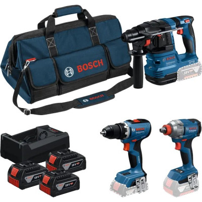 Набір із трьох акумуляторних інструментів Bosch Professional дриль-шурупокрут GSR 18V-65, перфоратор GBH 18V-22, гайковерт ударний GDX 18V-285 акб 3x5А·год, ЗП, сумка M-BAG