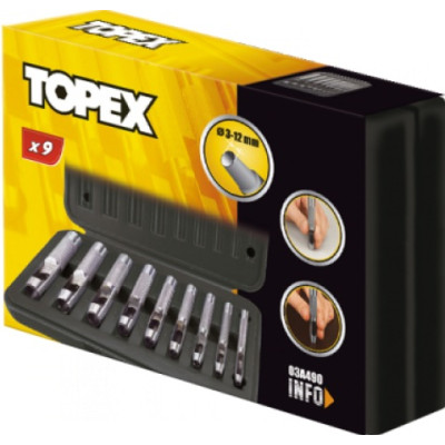 Topex Пробійник круглих отворів, крейцмейсель, набір 9шт, 3-12мм, 195мм, кейс