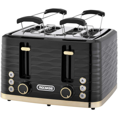 Тостер Sencor 1600Вт, підігрів, розморожування, 4 слоти, пластик, чорно-золотий