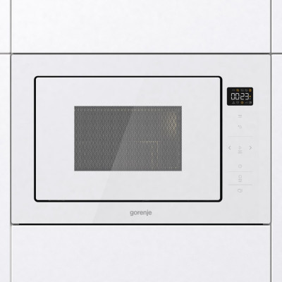 Gorenje Мікрохвильова піч вбудовувана, 25л, електр. управл., 900Вт, гриль, дисплей, приготування на кількох рівнях, білий