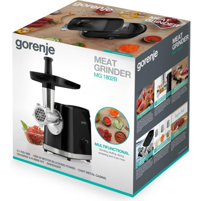 М'ясорубка Gorenje, 1800Вт, 2.1кг/хв, 2 решітки, насадка для ковбас, пластик/метал, чорний