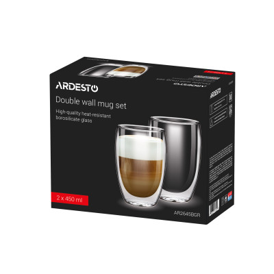 ARDESTO Набір чашок з подвійними стінками, 450мл, 14.5см, 2шт, боросилікатне скло, прозорий ARDESTO Набір чашок з подвійними стінками, 450мл, 14.5см, 2шт, боросилікатне скло, прозорий