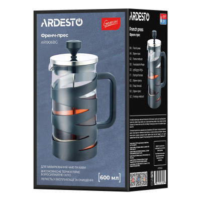Френч-прес ARDESTO Gemini, 600мл, боросилікатне скло, пластик, нержавіюча сталь, прозорий, чорний Френч-прес ARDESTO Gemini, 600мл, боросилікатне скло, пластик, нержавіюча сталь, прозорий, чорний