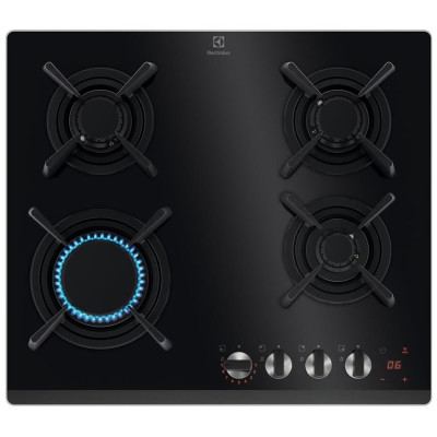 Варочная поверхность Electrolux газовая на стекле, 60см, чугун, эл. управления, Hob2Hood, черный KGG643753K