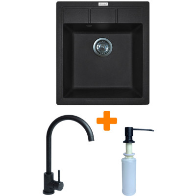 Набір кухонна Adamant Brick, штучний камінь, квадрат, без крила, 460x515x200мм, чаша - 1, врізна, чорний + змішувач та дозатор Набір кухонна Adamant Brick, штучний камінь, квадрат, без крила, 460x515x200мм, чаша - 1, врізна, чорний + змішувач та дозатор