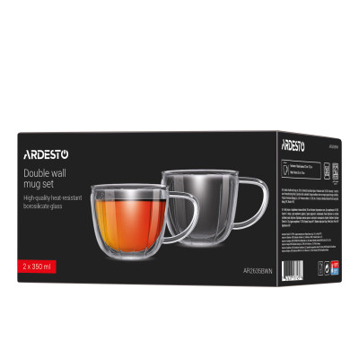 ARDESTO Набір чашок з ручками і подвійними стінками 350мл, 2шт, боросилікатне скло, прозорий ARDESTO Набір чашок з ручками і подвійними стінками 350мл, 2шт, боросилікатне скло, прозорий