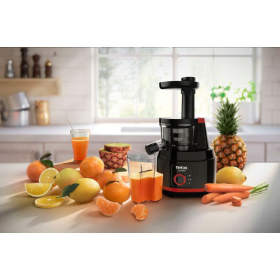 Соковитискач Tefal Juiceo шнековий 150Вт, чаша-0.8л, жмих-0.8л, насадка для цитрусових, пластик, червоно-чорний