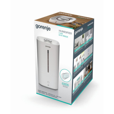 Зволожувач повітря Gorenje ультразвуковий, 20м2, 5л, 500мл/г, електр. кер-ння, верх. залив воды, авт. вимкн, білий