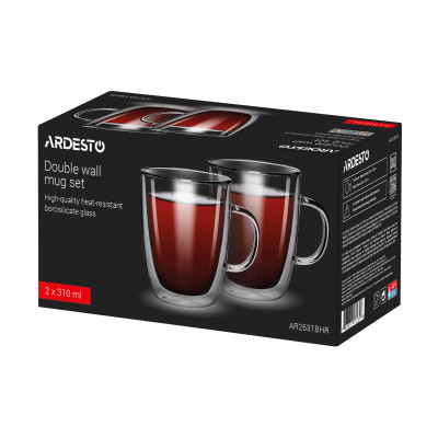 ARDESTO Набір чашок з ручками і подвійними стінками, 310мл, 2шт, боросилікатне скло, прозорий ARDESTO Набір чашок з ручками і подвійними стінками, 310мл, 2шт, боросилікатне скло, прозорий