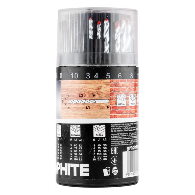 Набір свердл GRAPHITE по металу, дереву, цеглі: 3-6, 8, 10 мм, 18шт