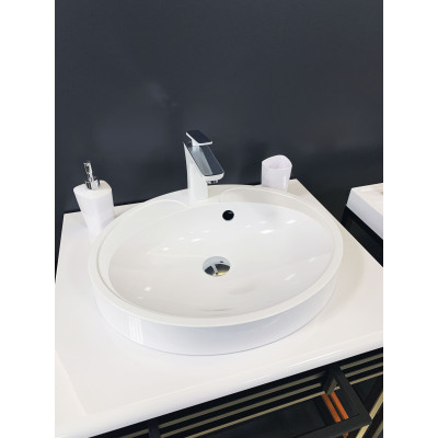 Раковина, умивальник Adamant Lauf New, штучний камінь, овальна, без отвору для змішувача, з отвором для переливу, 540х445х130мм, накладний, білий