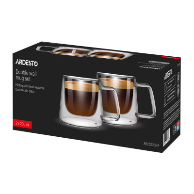 Набір чашок з ручками і подвійними стінками Ardesto, 200мл, 2шт, боросилікатне скло, прозорий Набір чашок з ручками і подвійними стінками Ardesto, 200мл, 2шт, боросилікатне скло, прозорий