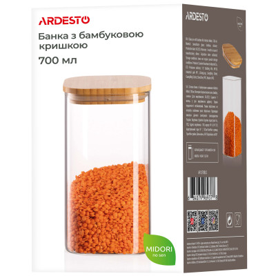 ARDESTO Банка для зберігання Fresh, квадратна, 700 мл, скло, бамбук