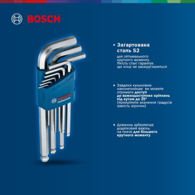 Bosch Ключі шестигранні, набір 9шт, кулястий наконечник