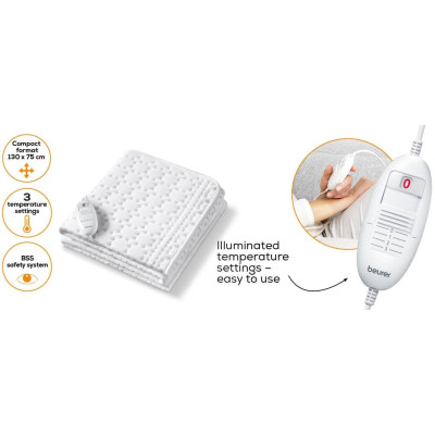 Електропростирадло Beurer, від мережі, 130х75см, 50Вт, 3 режими, бавовна, фліс, білий