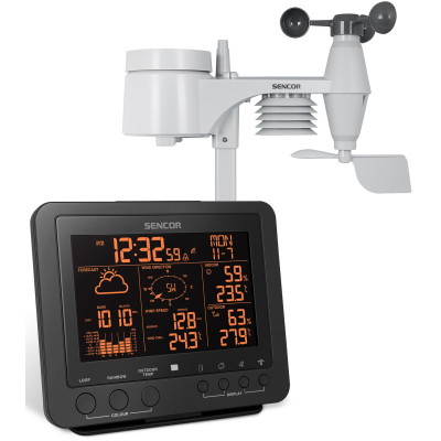 Метеостанція Sencor, внутр/зовн вимірювання, від мережі/CR2032x1+AAx3, темп-ра, вологість, час, прогноз погоди, атмосферний тиск, шв. вітру, чорний