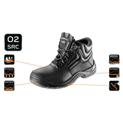 Черевики робочі Neo Tools, шкіра, ударопоглинання, O2 SRC, СЕ, р.46(30.7см), чорний