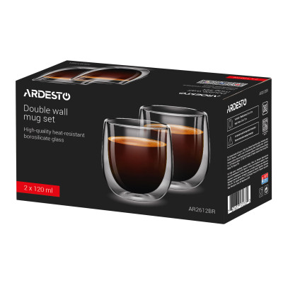 ARDESTO Набір чашкок з подвійними стінками для американо, 120 мл, H 7,5 см, 2 од., боросилікатне скло ARDESTO Набір чашкок з подвійними стінками для американо, 120 мл, H 7,5 см, 2 од., боросилікатне скло