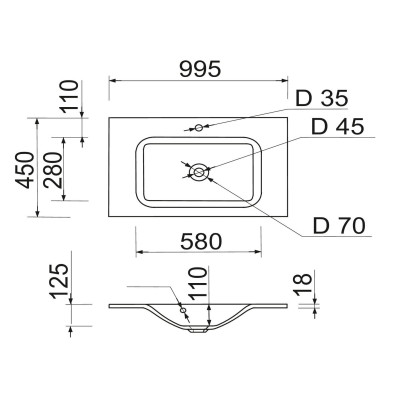 Раковина, умивальник Adamant FRATE, штучний камінь, прямокут., з отвором для змішувача, з отвором для переливу, 995x450x125мм, накладний, білий