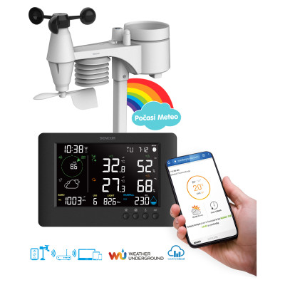 Метеостанція Sencor, внутр/зовн вимірювання, від мережі/CR2032x1+AAx3, темп-ра, вологість, час, прогноз погоди, атмосферний тиск, шв. вітру, підкл. до WIFI, чорний