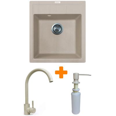 Набір кухонна Adamant Brick, штучний камінь, квадрат, без крила, 460x515x200мм, чаша - 1, врізна, Avena + змішувач та дозатор